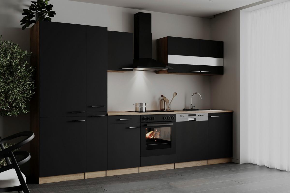 Küchenblock Merle m. Geräten Schwarz - Edelstahlfarben/Eichefarben, Basics, Holzwerkstoff/Metall (310cm) - Respekta
