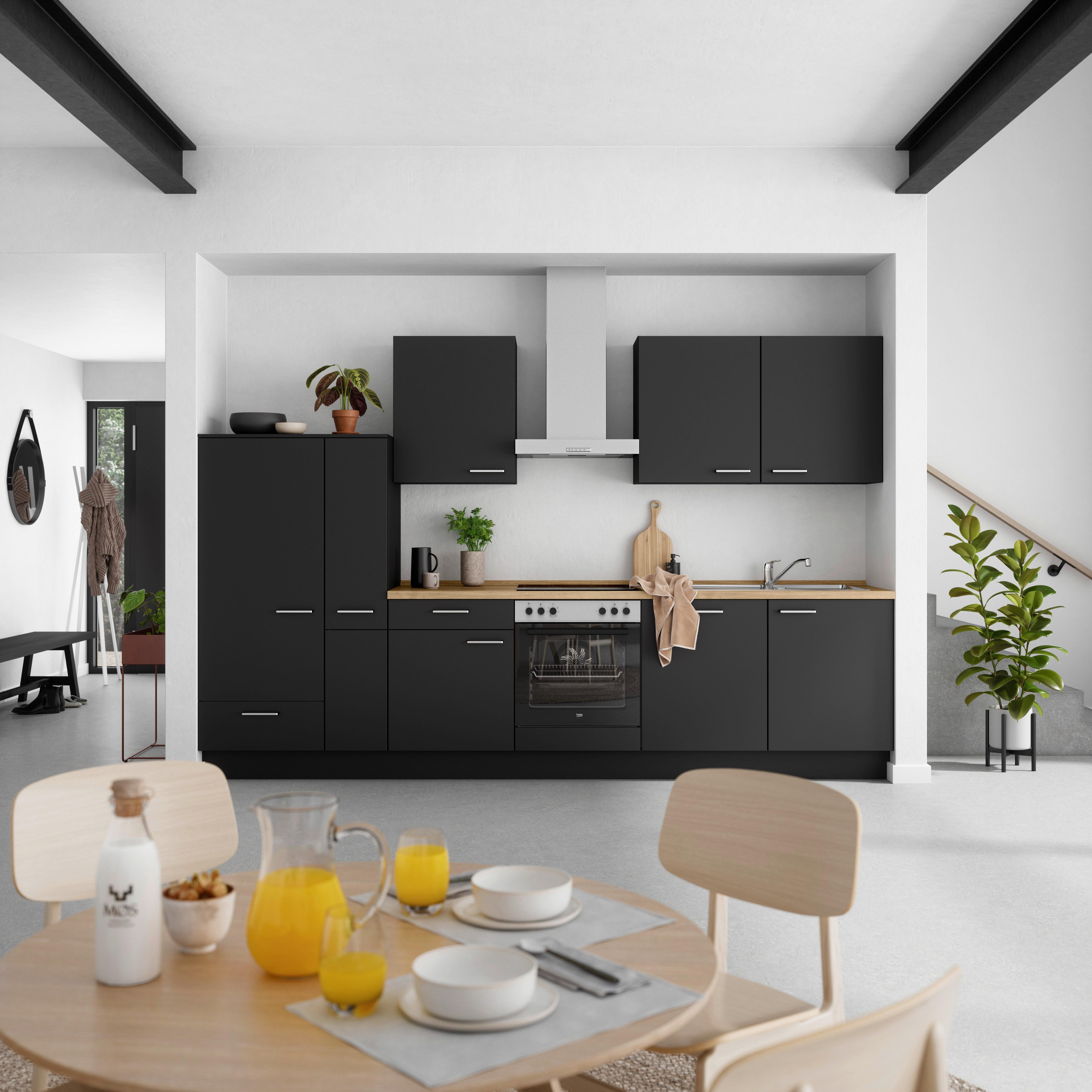 Küchenblock Touch Low m. Geräten Schwarz - Edelstahlfarben/Eichefarben, MODERN, Holzwerkstoff/Metall (330cm) - Nobilia
