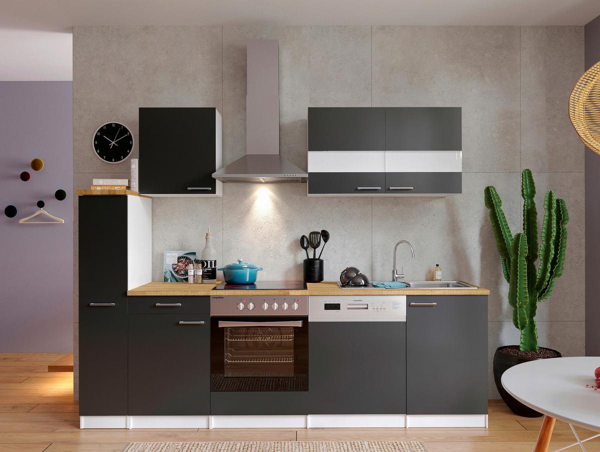 Küchenzeile Economy m. Geräten Grau/Nussbaum B: ca. 250 cm - Edelstahlfarben/Nussbaumfarben, Basics, Holzwerkstoff/Metall (250cm) - Respekta