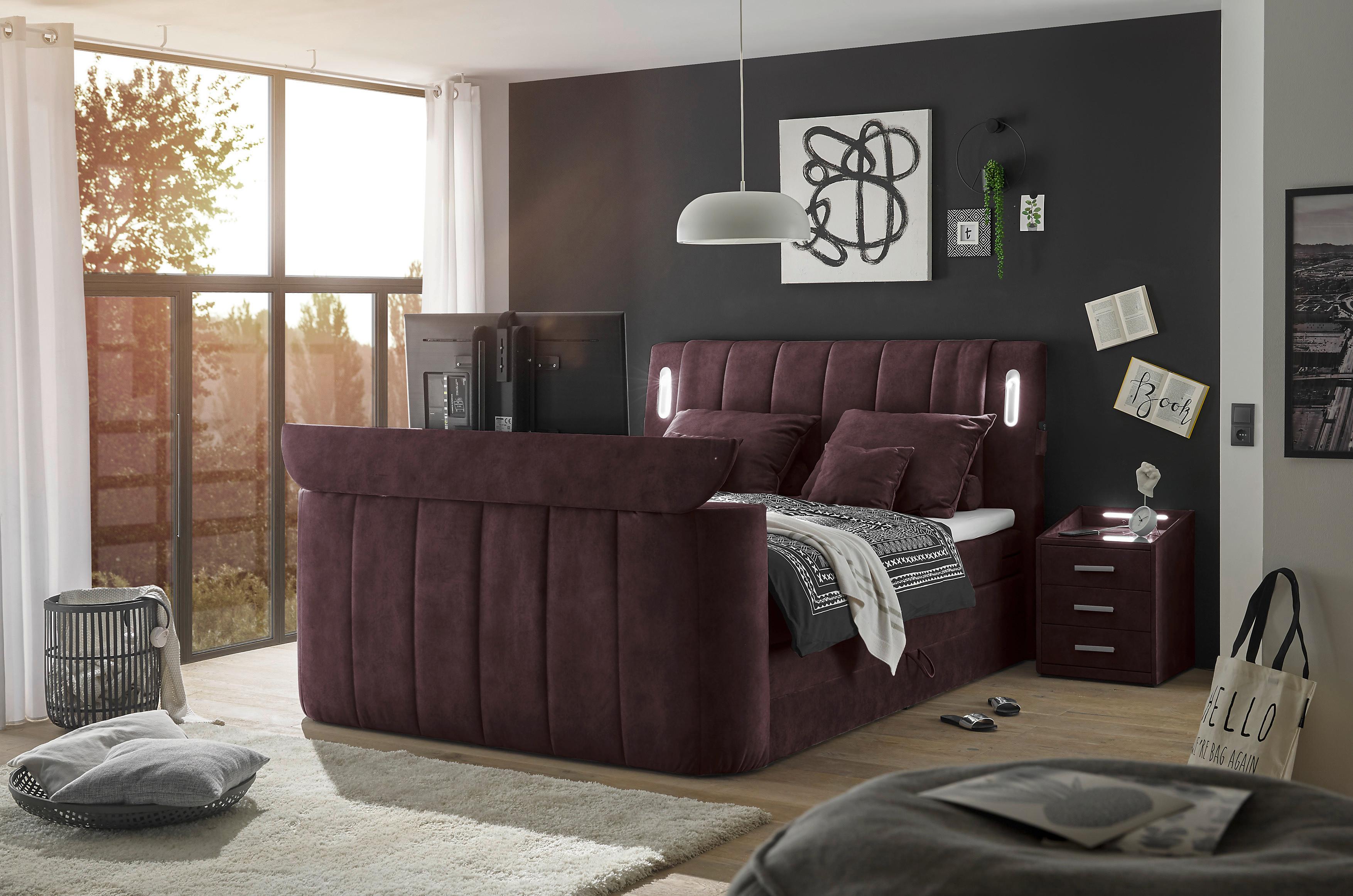 Boxspringbett Dallas m. LED ca. 180x200 cm Aubergine - Aubergine, MODERN, Holzwerkstoff/Kunststoff (180/200cm) - MID.YOU