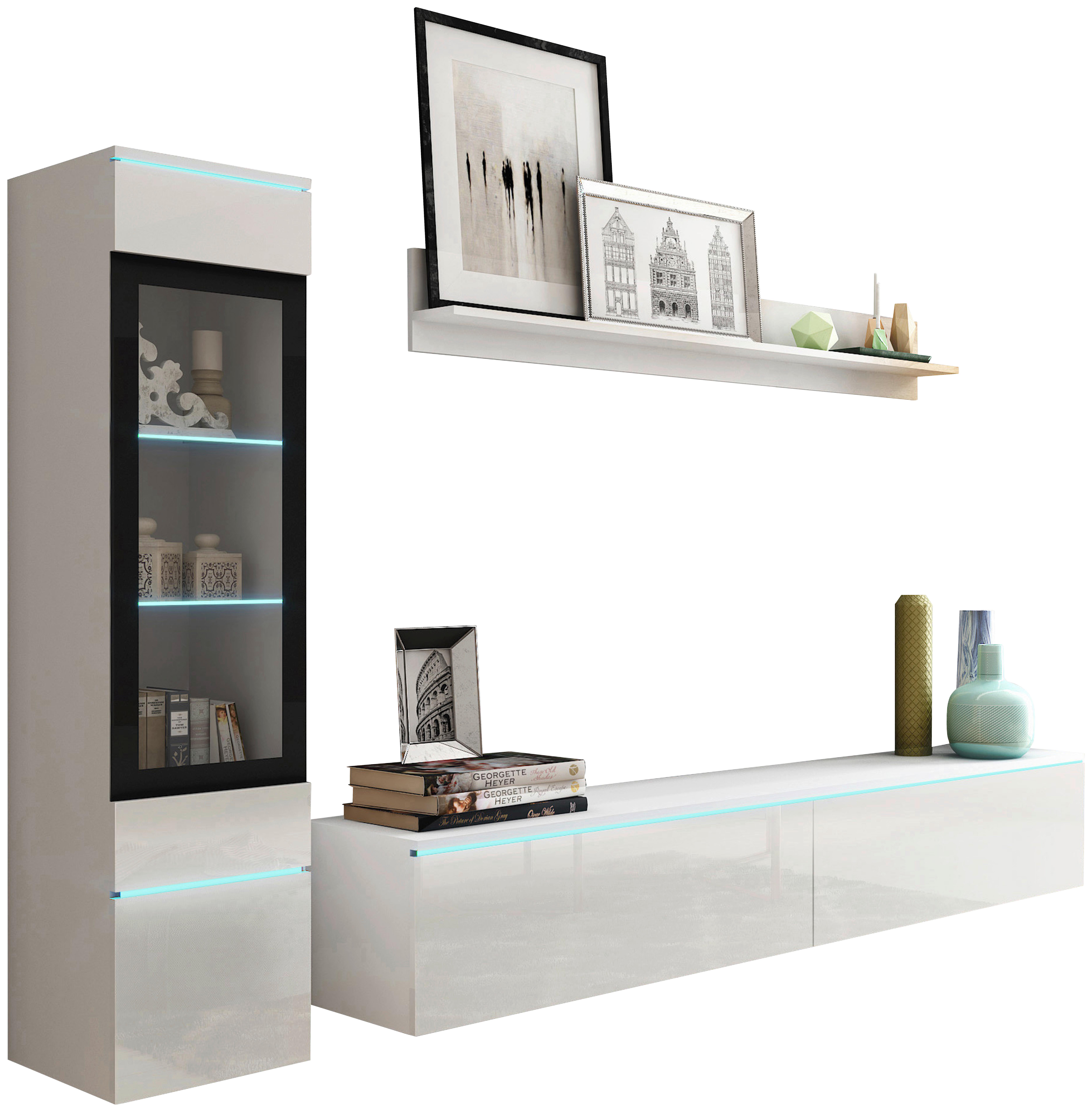 Dnevni Regal Vera, Bela, Visoki Sijaj, 3-Delno, Led - siva/bela, Trendi, umetna masa/steklo (210/130/33cm) - P & B