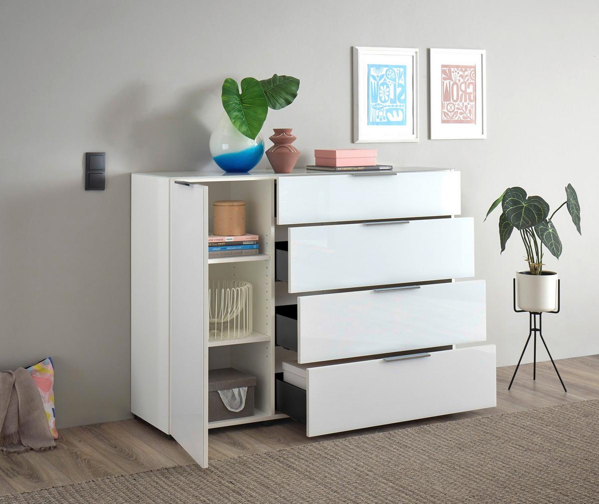 Kommode Siena Weiß - Chromfarben/Schwarz, MODERN, Glas/Holzwerkstoff (135/99/40cm) - Mömax