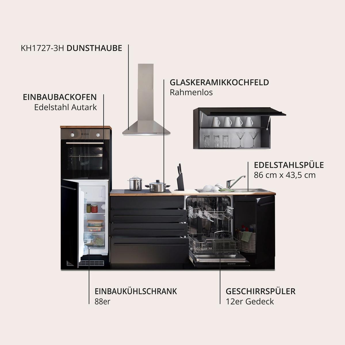 Küchenblock Jazz mit Geräten ca. 260 cm Schwarz - Eichefarben/Schwarz, LIFESTYLE, Holzwerkstoff/Kunststoff (260cm) - P & B