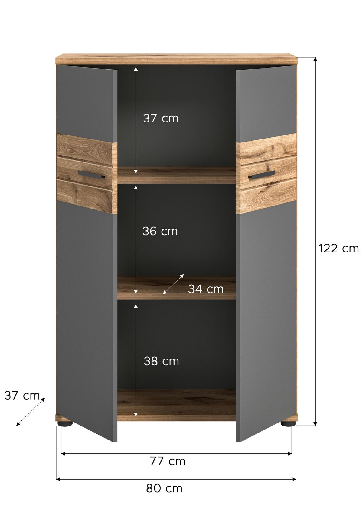 Kommode Mason ca. 80x122 cm Eiche/Grau - Eichefarben/Schwarz, Holzwerkstoff/Kunststoff (80/122/37cm) - MID.YOU