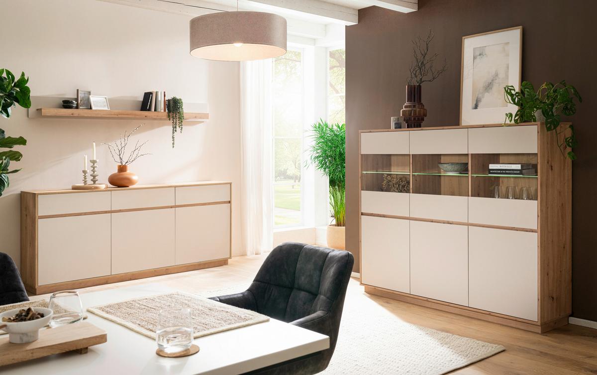 WOHNWAND SONORA - Kaschmir/Eiche Artisan, Design, Glas/Holzwerkstoff - MID.YOU
