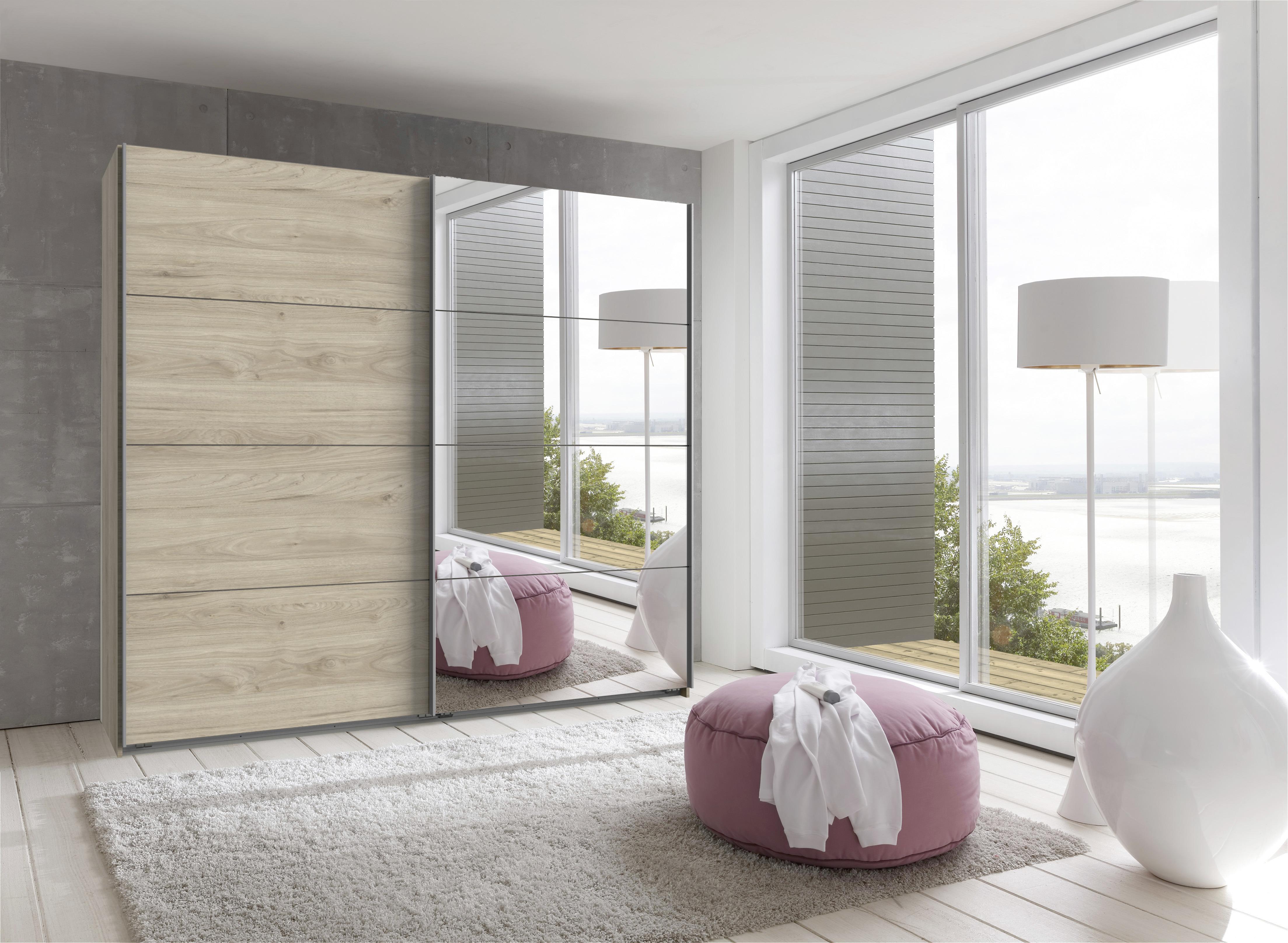 Omara Z Drsnimi Vrati Ernie, Barva Hrasta, Z Ogledalom - barve hrasta/barve aluminija, Basics, kovina/leseni material (225/210/65cm) - MID.YOU