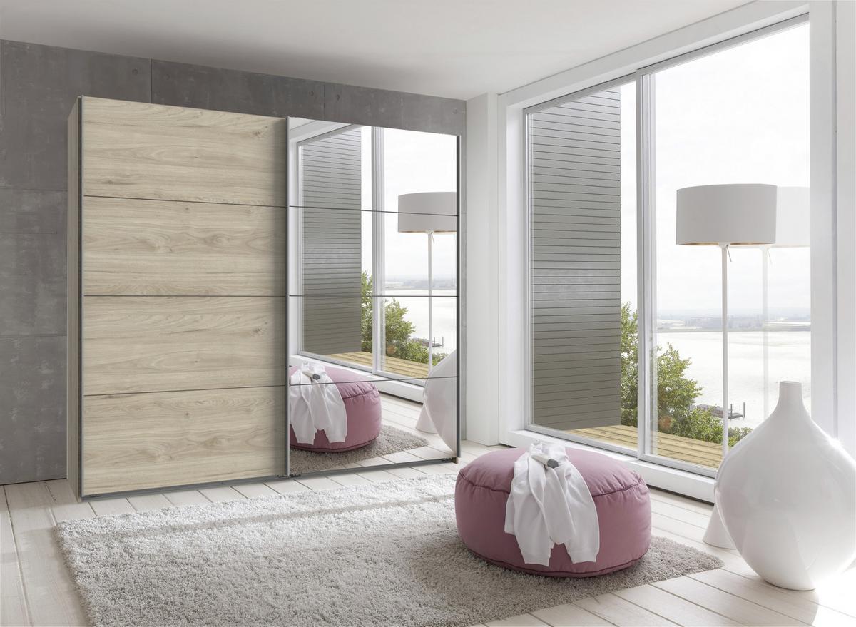 Omara Z Drsnimi Vrati Ernie, Barva Hrasta, Z Ogledalom - barve hrasta/barve aluminija, Basics, kovina/leseni material (225/210/65cm) - MID.YOU