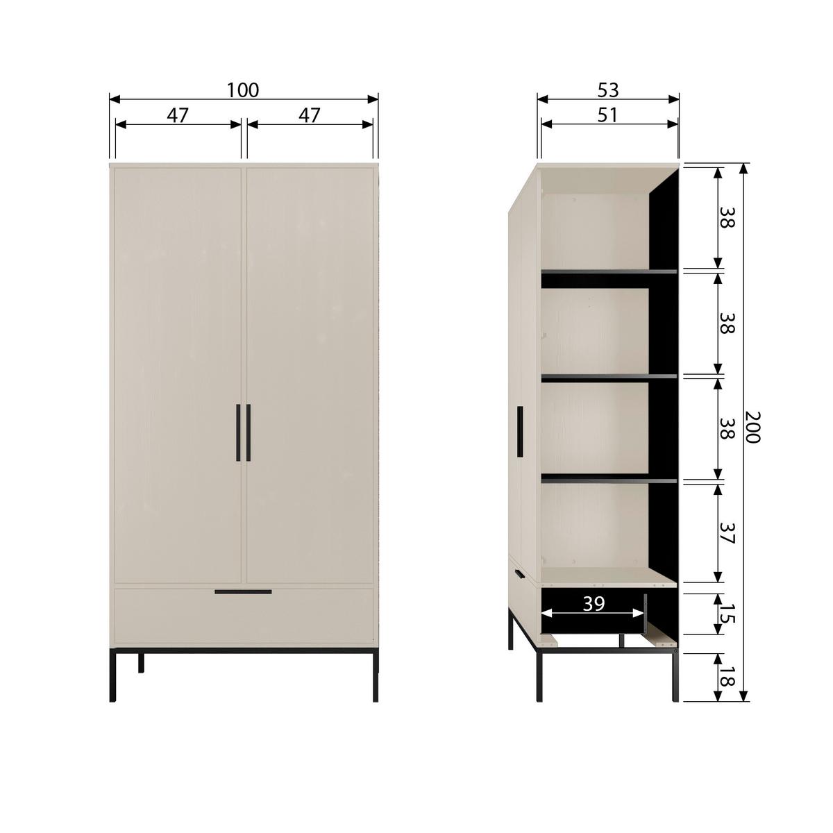 Garderobenschrank Adam Hellgrau B: 100 cm - Hellgrau/Schwarz, Design, Holz/Holzwerkstoff (100/200/53cm) - Livetastic