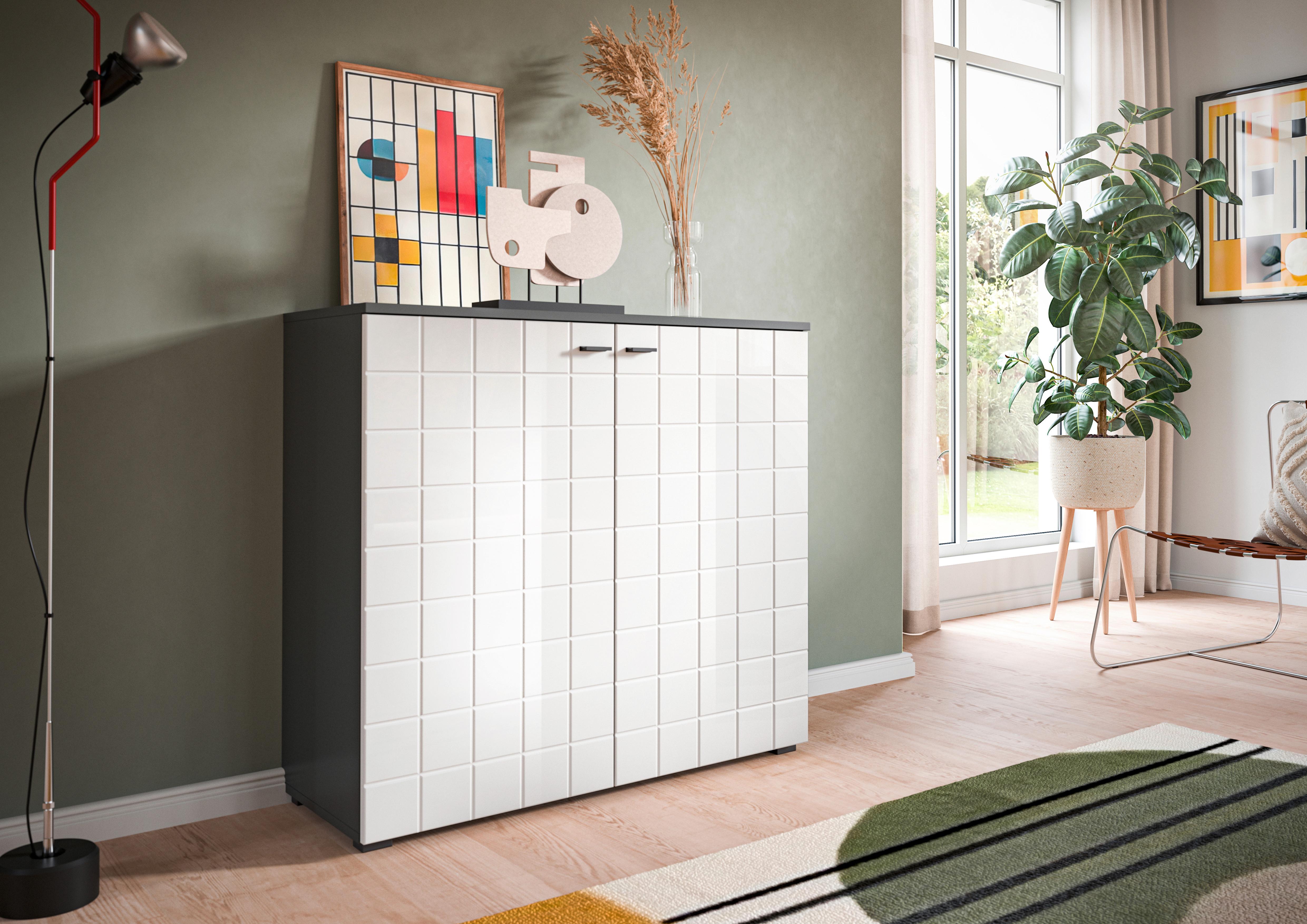 Comodă MONTE - alb lucios intens/antracit, Design, material pe bază de lemn (92/87/37cm) - Modern Living