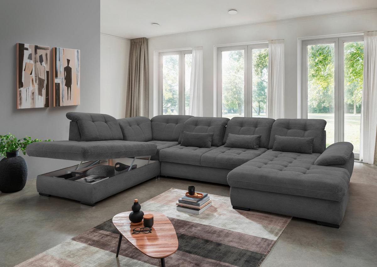 Wohnlandschaft Rigatti Grau Cord mit Bettkasten - Schwarz/Grau, MODERN, Textil/Metall (252/387/184cm) - Livetastic