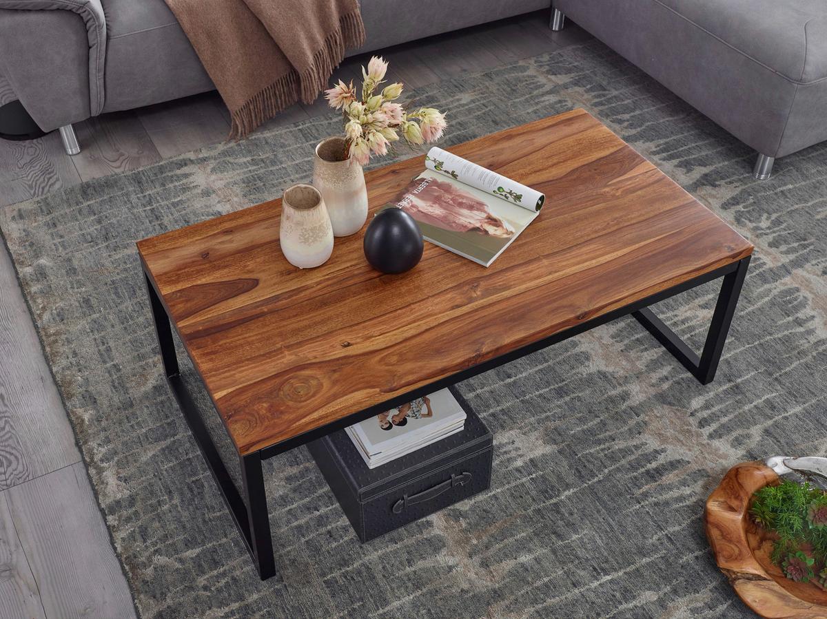 Couchtisch Holz massiv, Sheesham/Schwarz - Sheeshamfarben/Schwarz, KONVENTIONELL, Holz/Metall (110/60/40cm) - MID.YOU