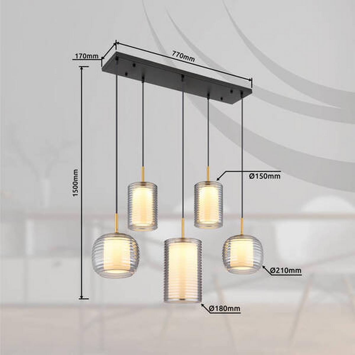 LED-HÄNGELEUCHTE 15740-5 - Messingfarben/Schwarz, Design, Glas/Metall (93/31,5/150cm) - Globo