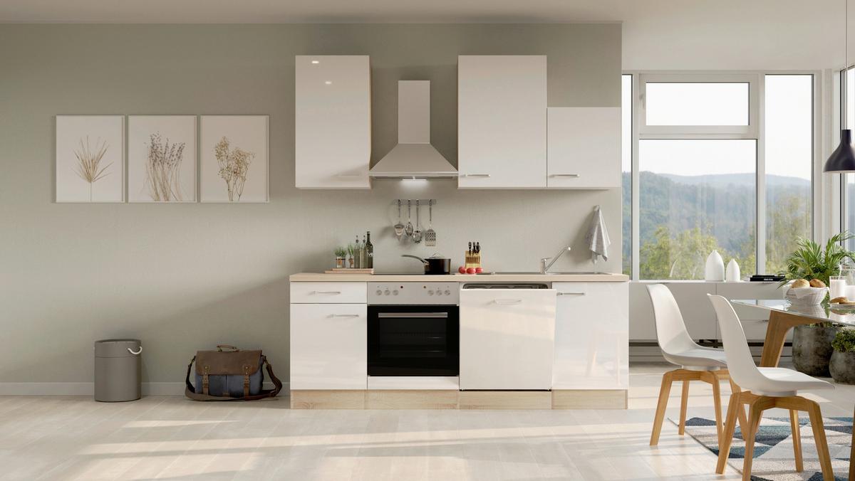 Kuhinjski Blok Z Aparati Valero, Bela, Barva Hrasta - barve nerjavečega jekla/bela, Moderno, kovina/leseni material (220cm) - FlexWell