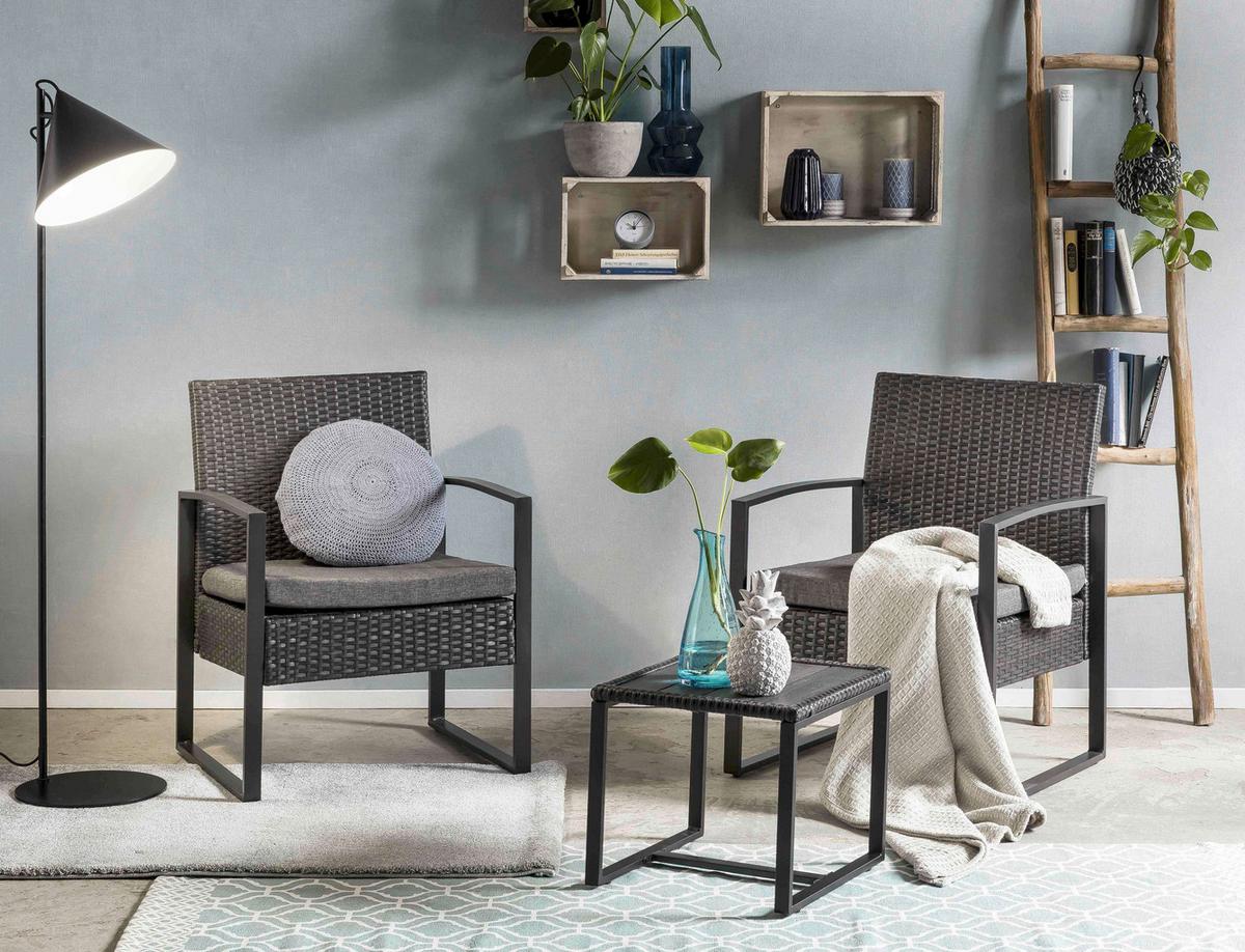 GARTENSET GARTEN-SITZGRUPPE 3-TLG. - Anthrazit/Grau, Design, Kunststoff/Textil - Gardenson