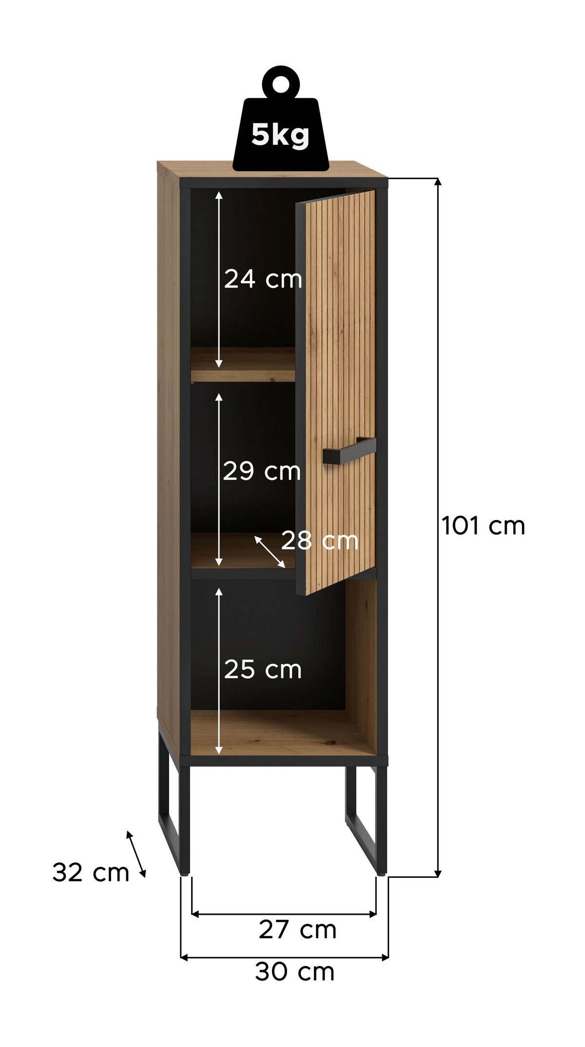 Midischrank Bagno Eiche Artisan/Schwarz - Schwarz/Eiche Artisan, Trend, Holzwerkstoff/Kunststoff (30/101/32cm) - MID.YOU