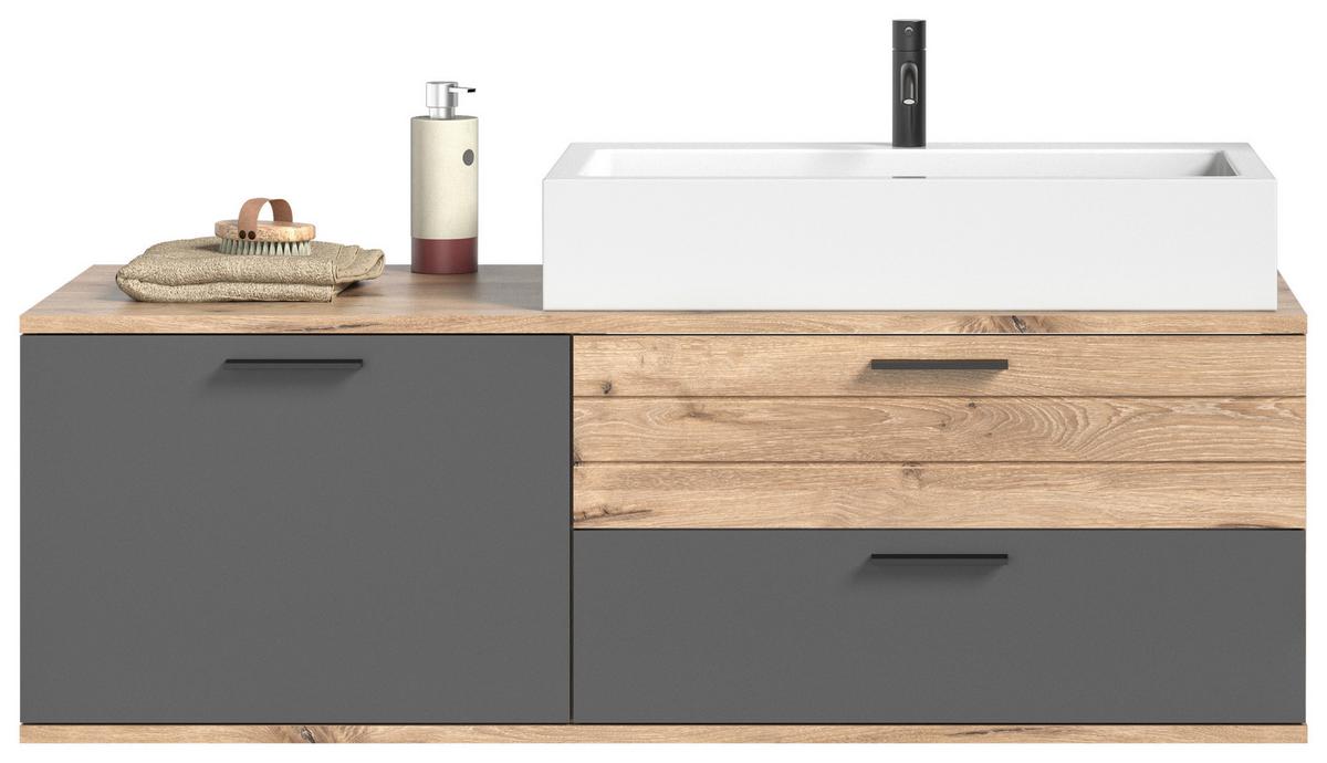 Waschbecken mit Unterschrank Mason ca. 140 cm Eiche/Grau - Eichefarben/Schwarz, MODERN, Holzwerkstoff/Kunststoff (140cm) - MID.YOU