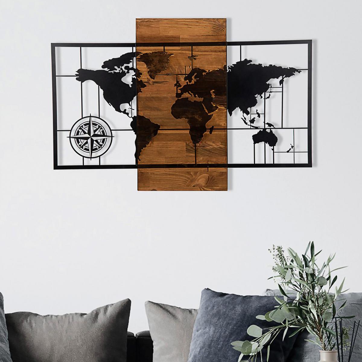 OBRAZ PRZESTRZENNY WORLD MAP WITH COMPASS - czarny/brązowy, Basics, materiał drewnopochodny (85/58cm)