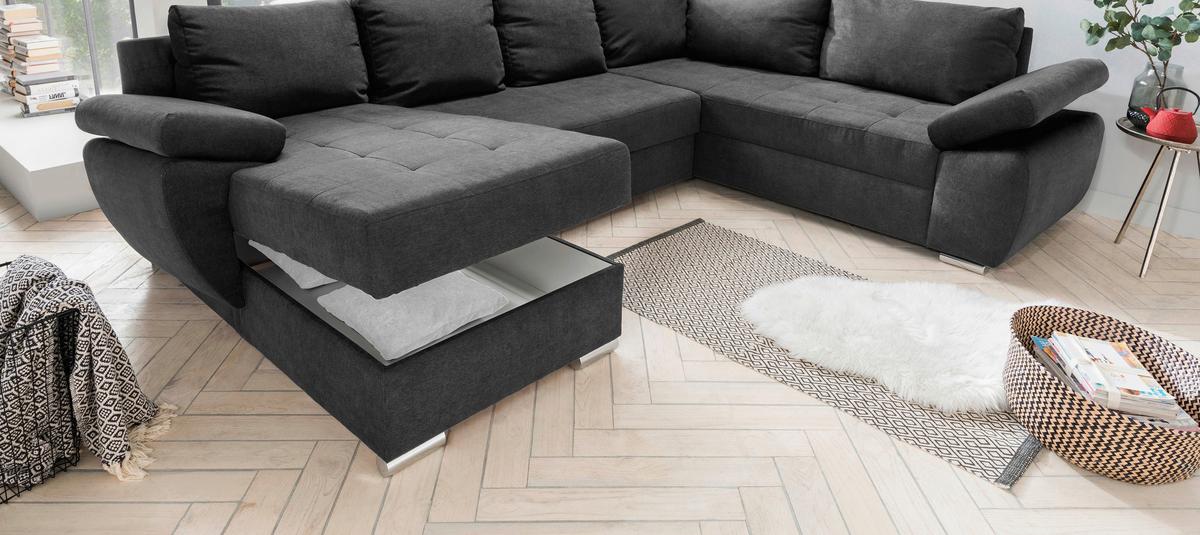 Sedežna Garnitura Terana, Antracit, Ležišče, Predal - barve kroma/srebrne barve, Konvencionalno, kovina/tekstil (157/305/219cm) - Premium Living