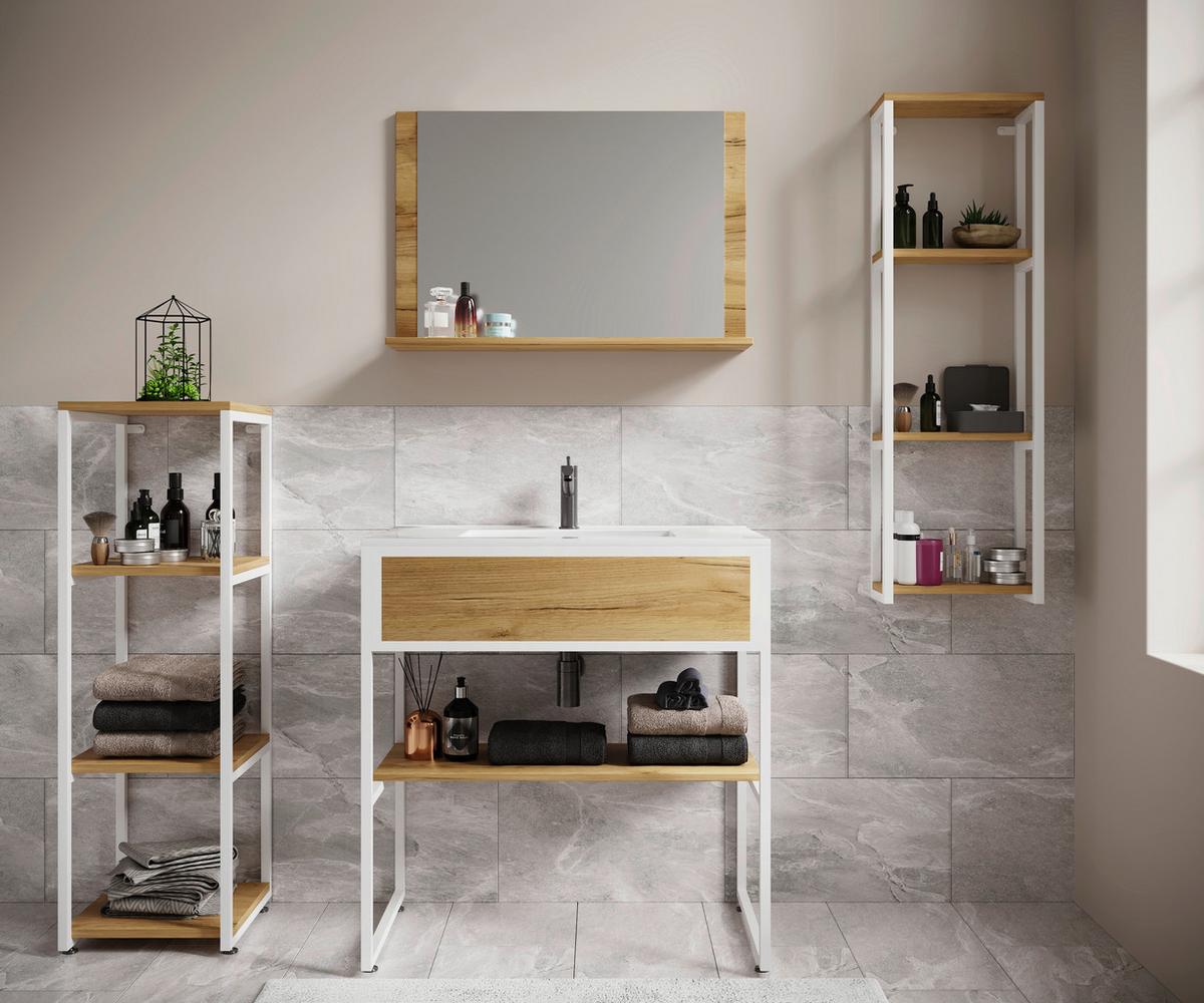 BADEZIMMER 5-TLG. WASCHPLATZ "BITILA 80" - Honigeiche/Weiss, Modern, Glas/Keramik (80/85/46cm) - MID.YOU