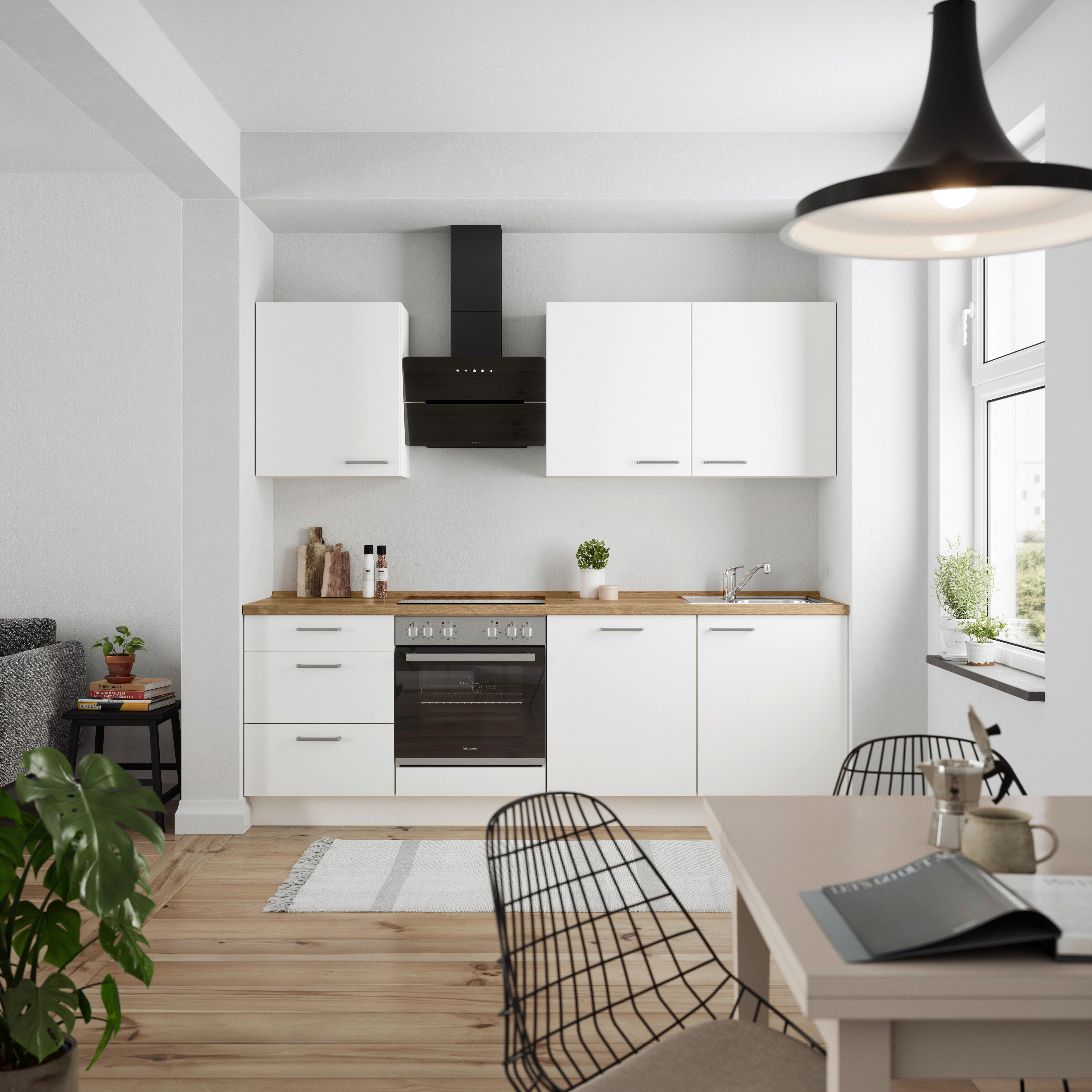 Küchenblock Touch High m. Geräten Weiß - Edelstahlfarben/Eichefarben, MODERN, Holzwerkstoff/Metall (240cm) - Nobilia