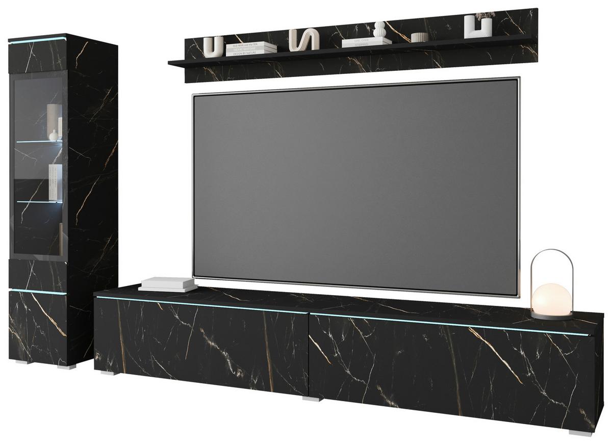 Wohnwand Vera ca. 210x130 cm Schwarz - Schieferfarben/Grau, Basics, Glas/Holzwerkstoff (210/130/33cm) - P & B