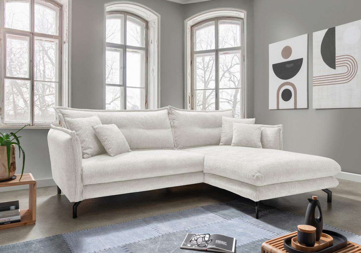 Ecksofa Lava Weiß Velours - Creme/Schwarz, Design, Textil/Metall (255/180cm) - Livetastic