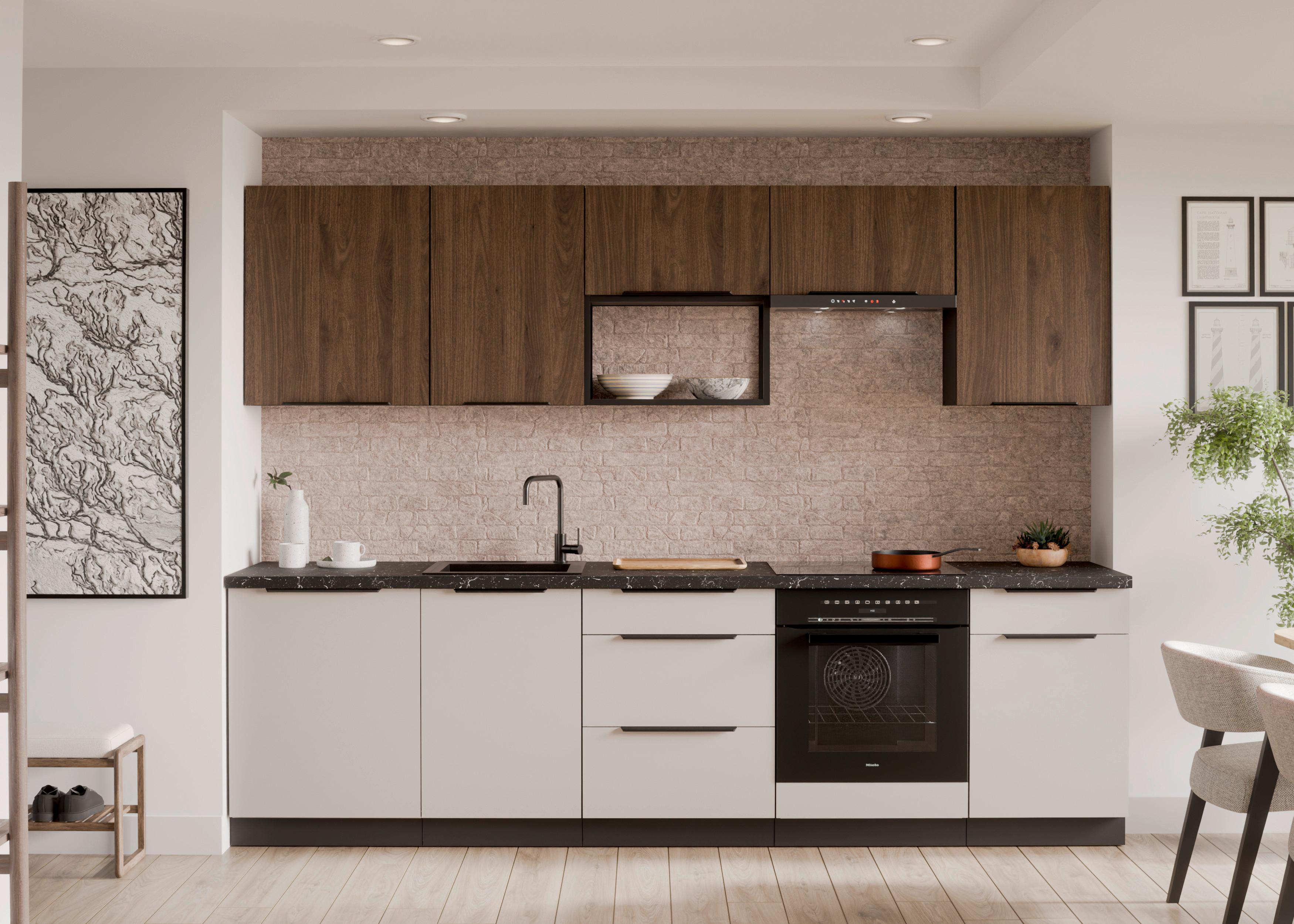 Bucatarie fara electrocasnice ARONA/MONZA - cașmir/culoare lemn de nuc, Modern, metal/material pe bază de lemn (280/210/60cm) - Modern Living