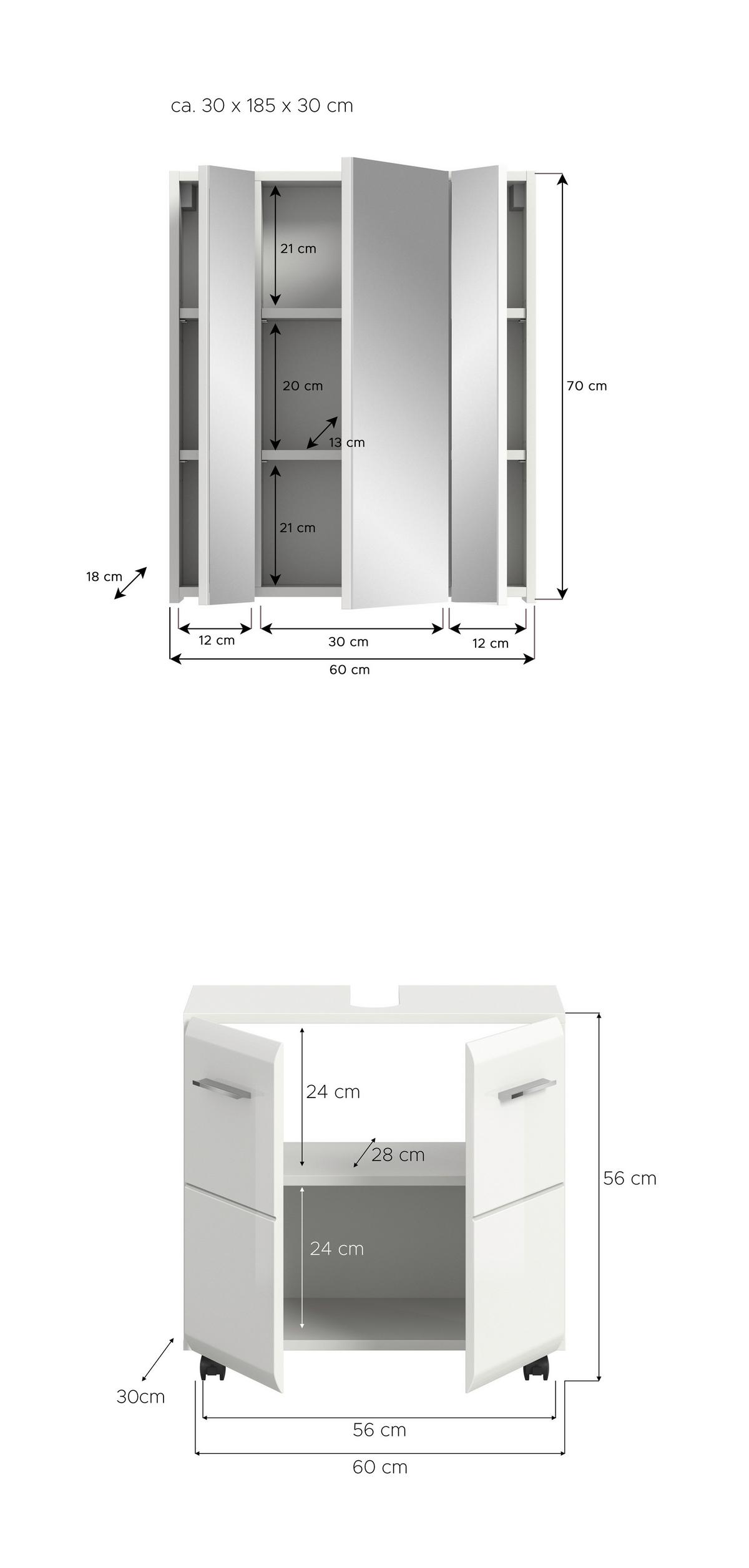 Badezimmer Ice Weiß/Weiß Hochglanz 2-teilig - Weiß Hochglanz/Silberfarben, Trend, Glas/Holzwerkstoff (60cm) - MID.YOU