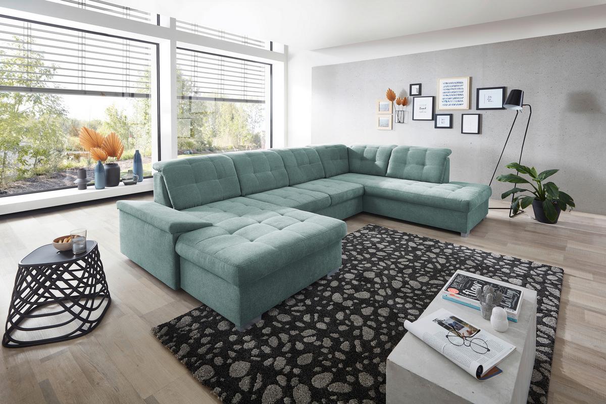Wohnlandschaft Zira Mintgrün Nylon/Mikrofaser - Chromfarben/Mintgrün, Design, Kunststoff/Textil (169/330/212cm) - Livetastic