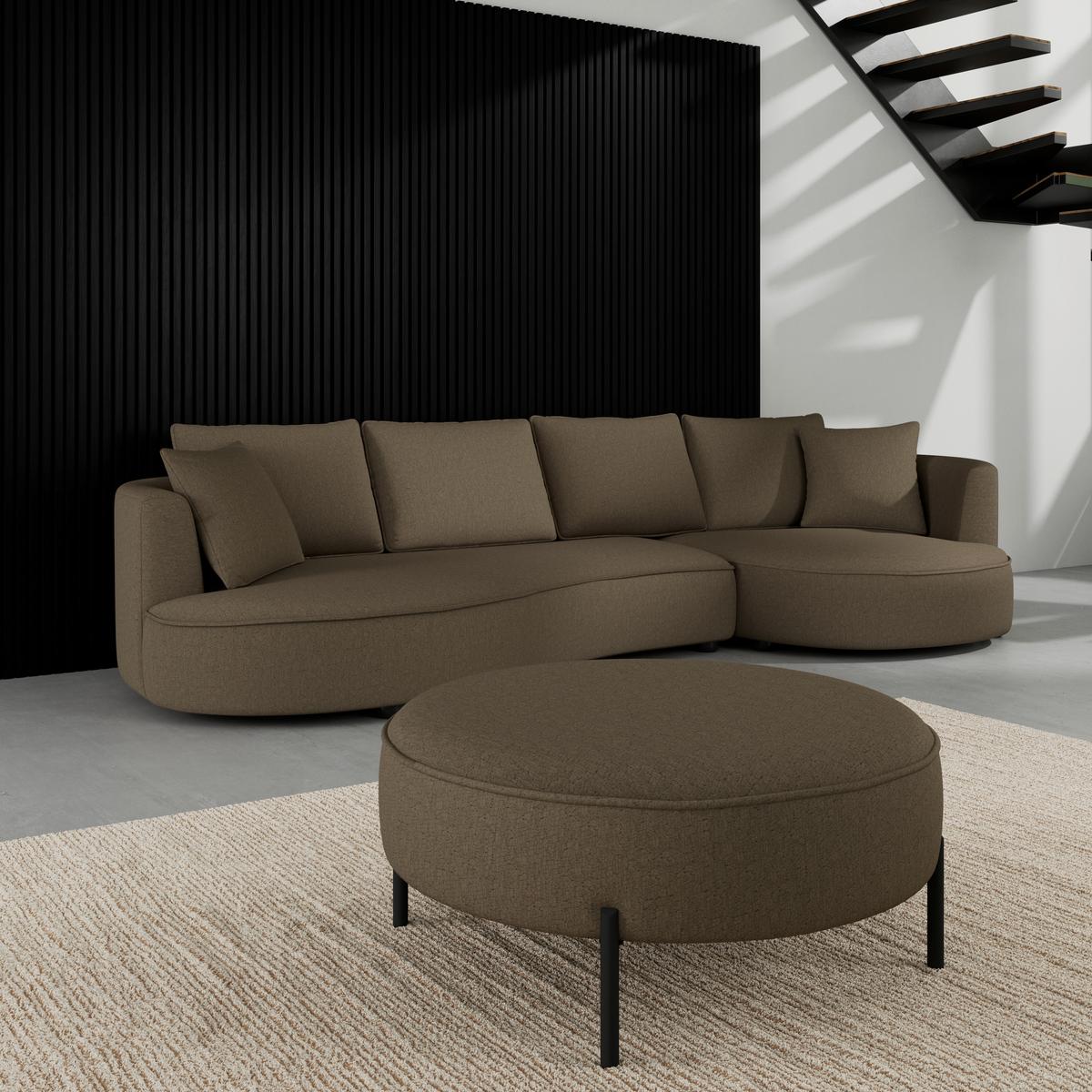 Wohnlandschaft Nilas Braun Chenille mit Hocker - Schwarz/Braun, MODERN, Holz/Textil (322/80/154cm) - Bessagi Home