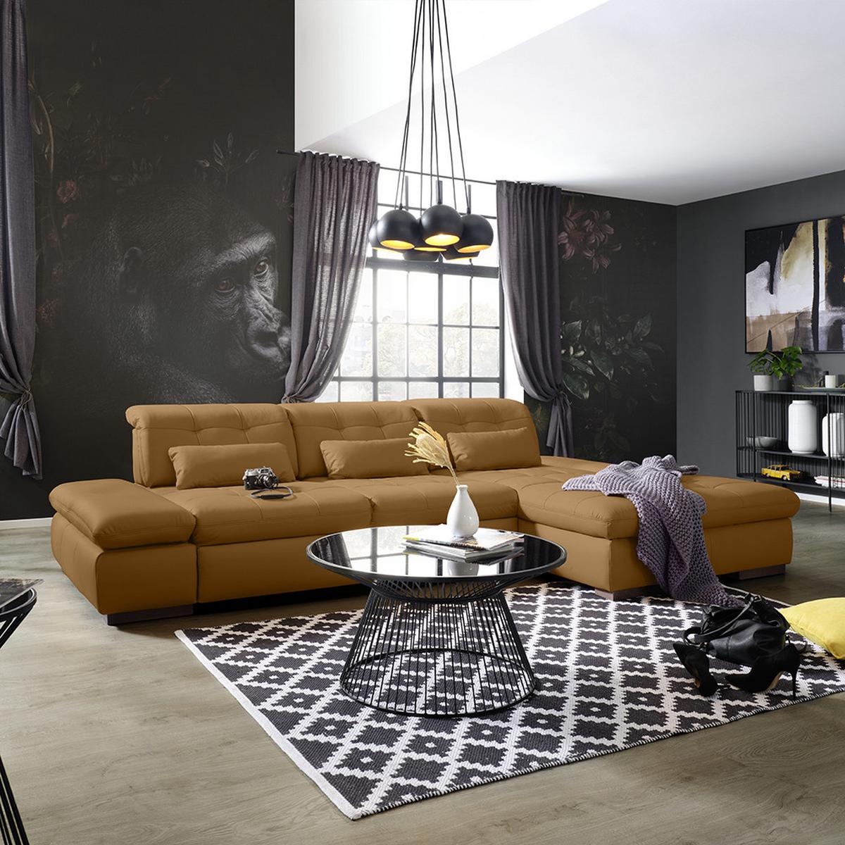 Wohnlandschaft Sanfino Leder Dunkelorange - Chromfarben/Dunkelorange, KONVENTIONELL, Leder/Metall (305/79-96/199cm) - Premium Living