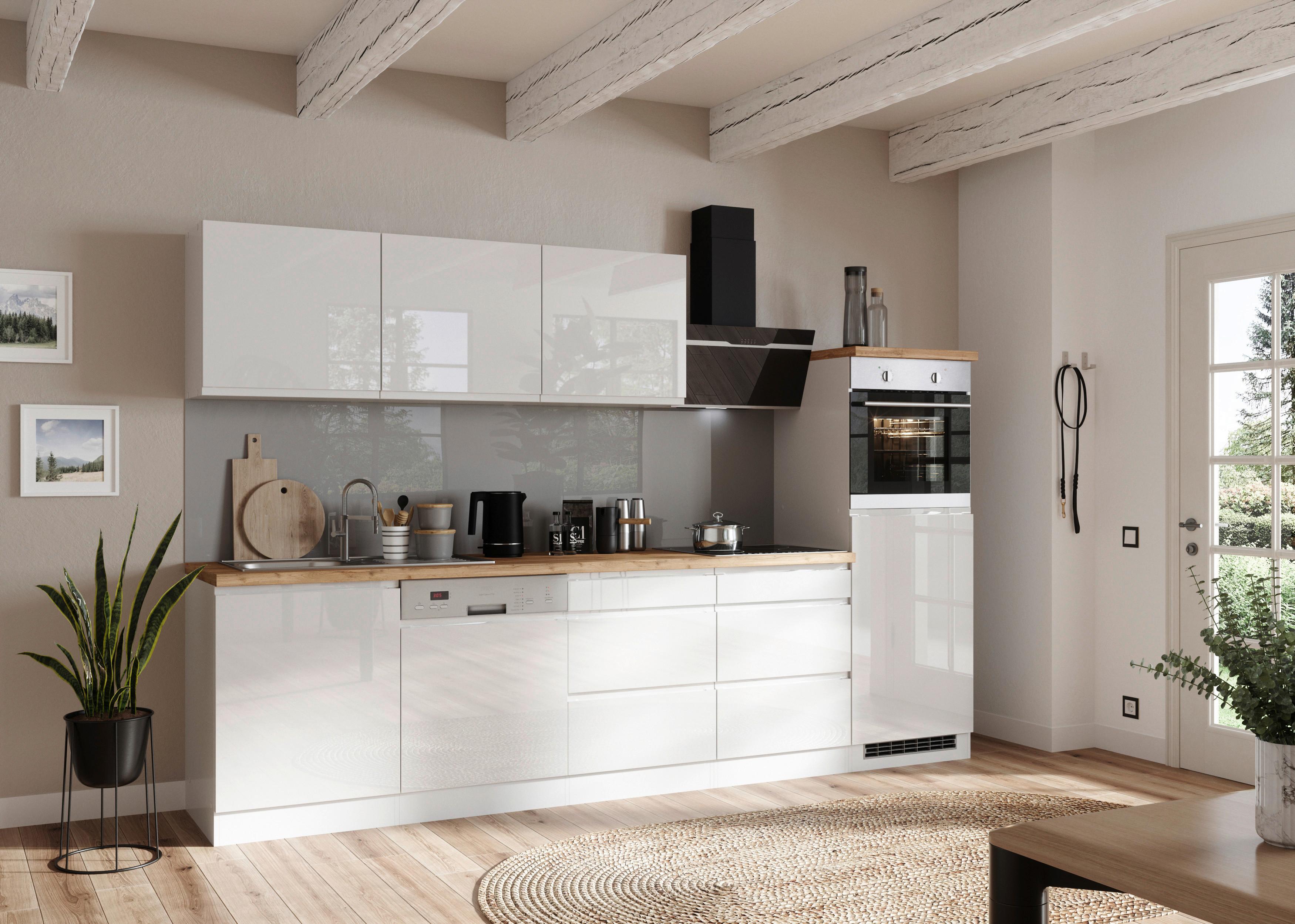 Küchenzeile Monza ohne Geräte ca. 300 cm Weiß/Eiche + Spüle - Weiß Hochglanz/Eiche Wotan, LIFESTYLE, Holzwerkstoff (300cm) - Held