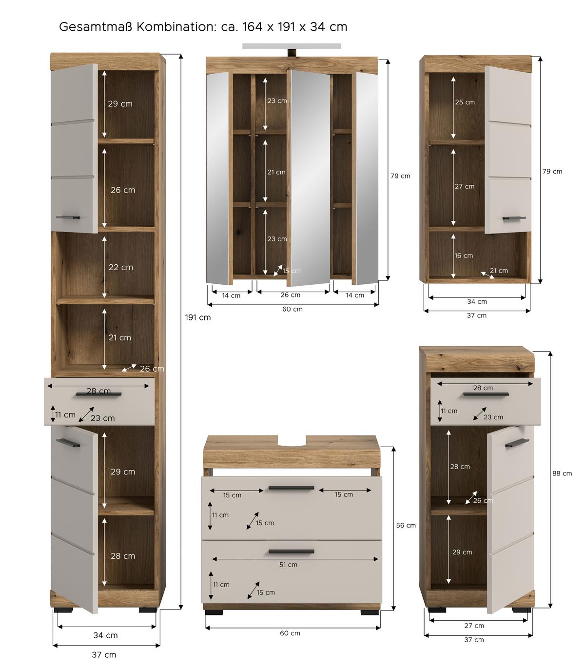 Badezimmer Scout 5-tlg. mit LED ca. 134 cm Kaschmir - Kaschmir/Schwarz, MODERN, Glas/Holzwerkstoff (134cm) - MID.YOU