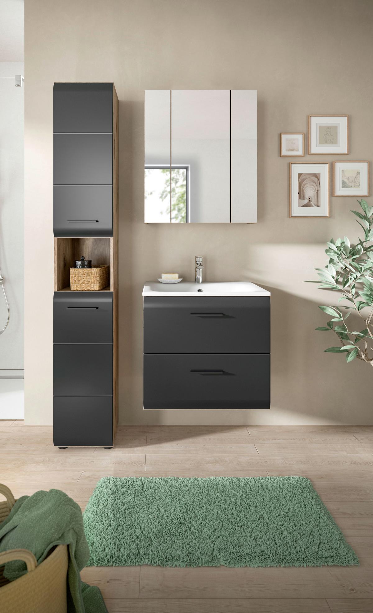 Kopalnica Ice, Črna, Barva Hrasta, 3-Delna - črna/bela, Basics, umetna masa/leseni material (90cm) - MID.YOU