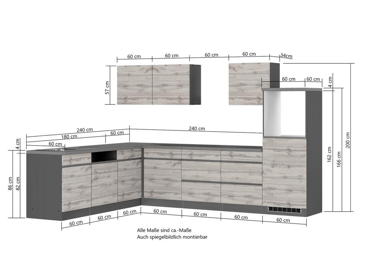 Küchenzeile Turin ohne Geräte ca. 300 cm Grau/Wotan Eiche - Eiche Wotan/Grau, Design, Holzwerkstoff (300cm) - Held