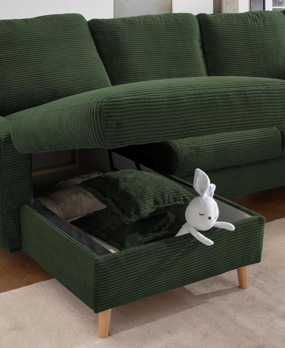 Ecksofa Valentina Dunkelgrün Cord - Dunkelgrün/Naturfarben, Design, Holz/Textil (150/228cm) - P & B