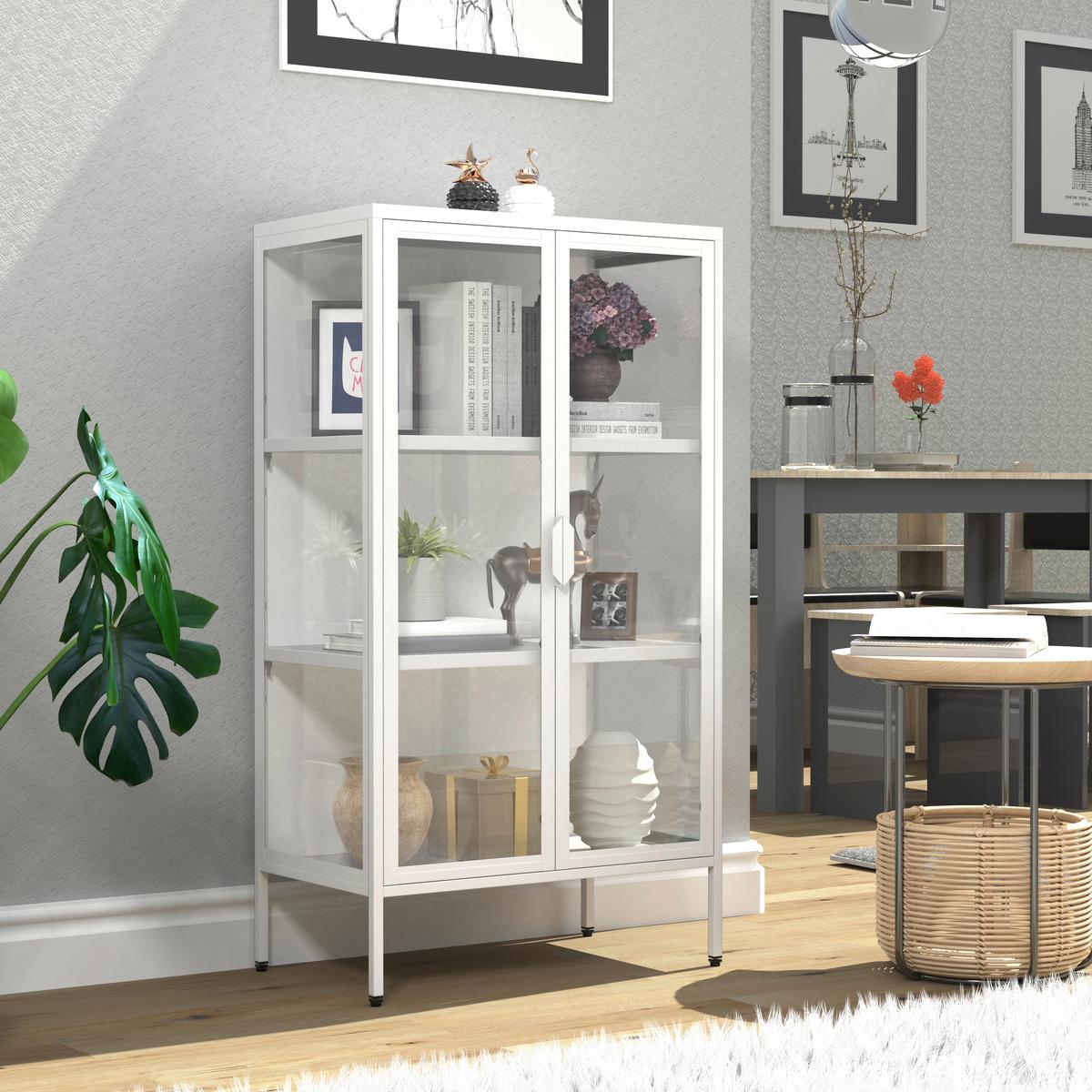 Vitrina Floka M, Bela - bela/prosojno, Design, kovina/steklo (60/110/35cm) - MID.YOU