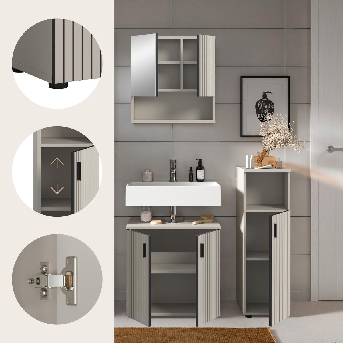 Badezimmer Mone Schwarz/Kaschmir 3-teilig - Kaschmir/Schwarz, Trend, Glas/Holzwerkstoff (90cm) - MID.YOU
