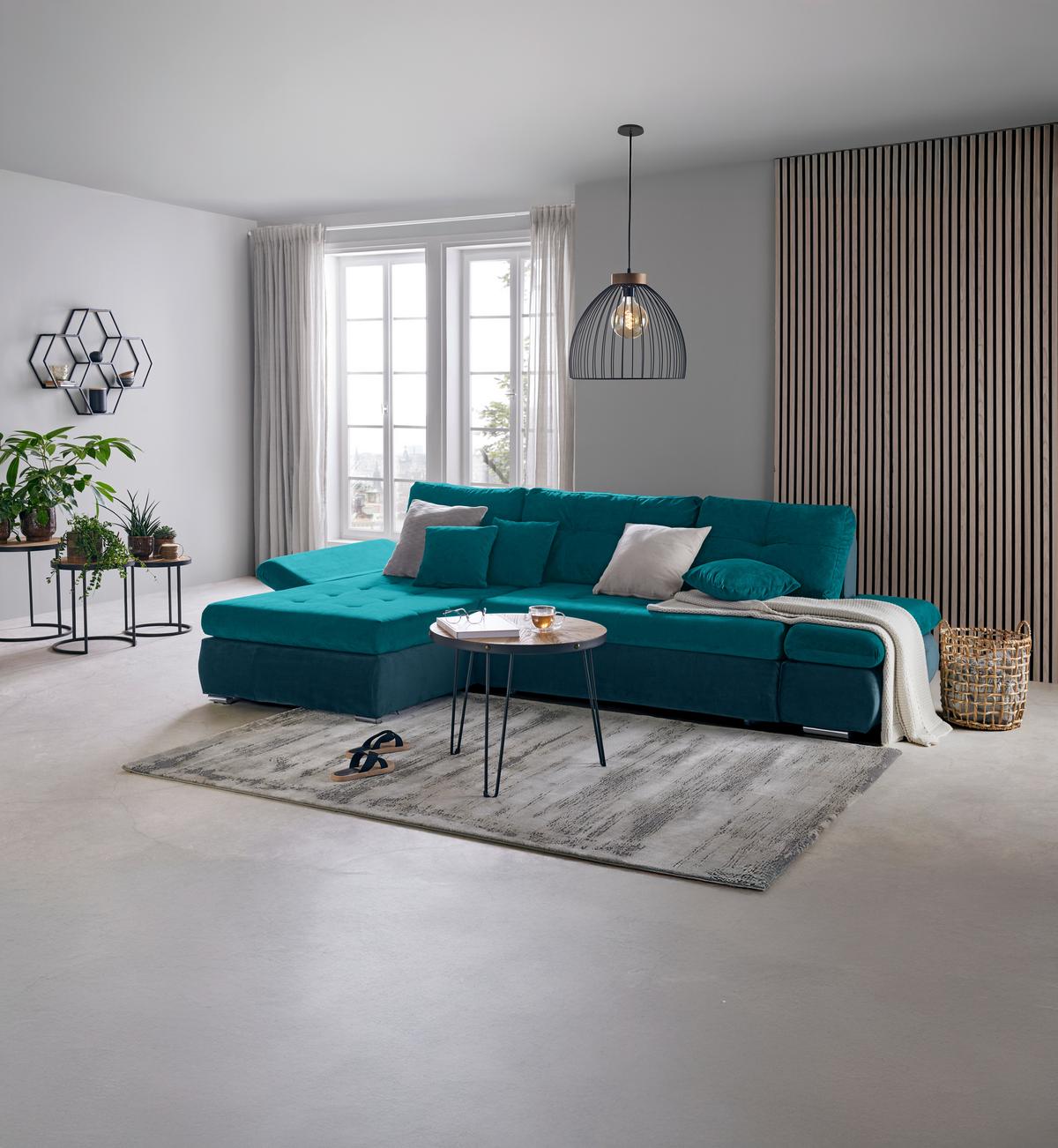 Wohnlandschaft Enrico Petrol - Chromfarben/Petrol, KONVENTIONELL, Kunststoff/Textil (303/88/185cm) - Mömax