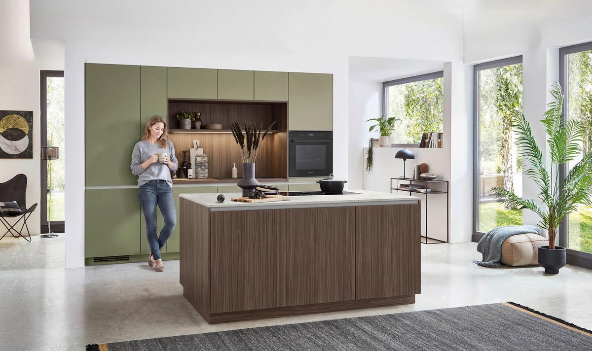 Einbauküche Senso/Structura o. Geräte Olivgrün/Nussbaum - Sandfarben/Edelstahlfarben, MODERN, Holzwerkstoff (300cm) - Nobilia