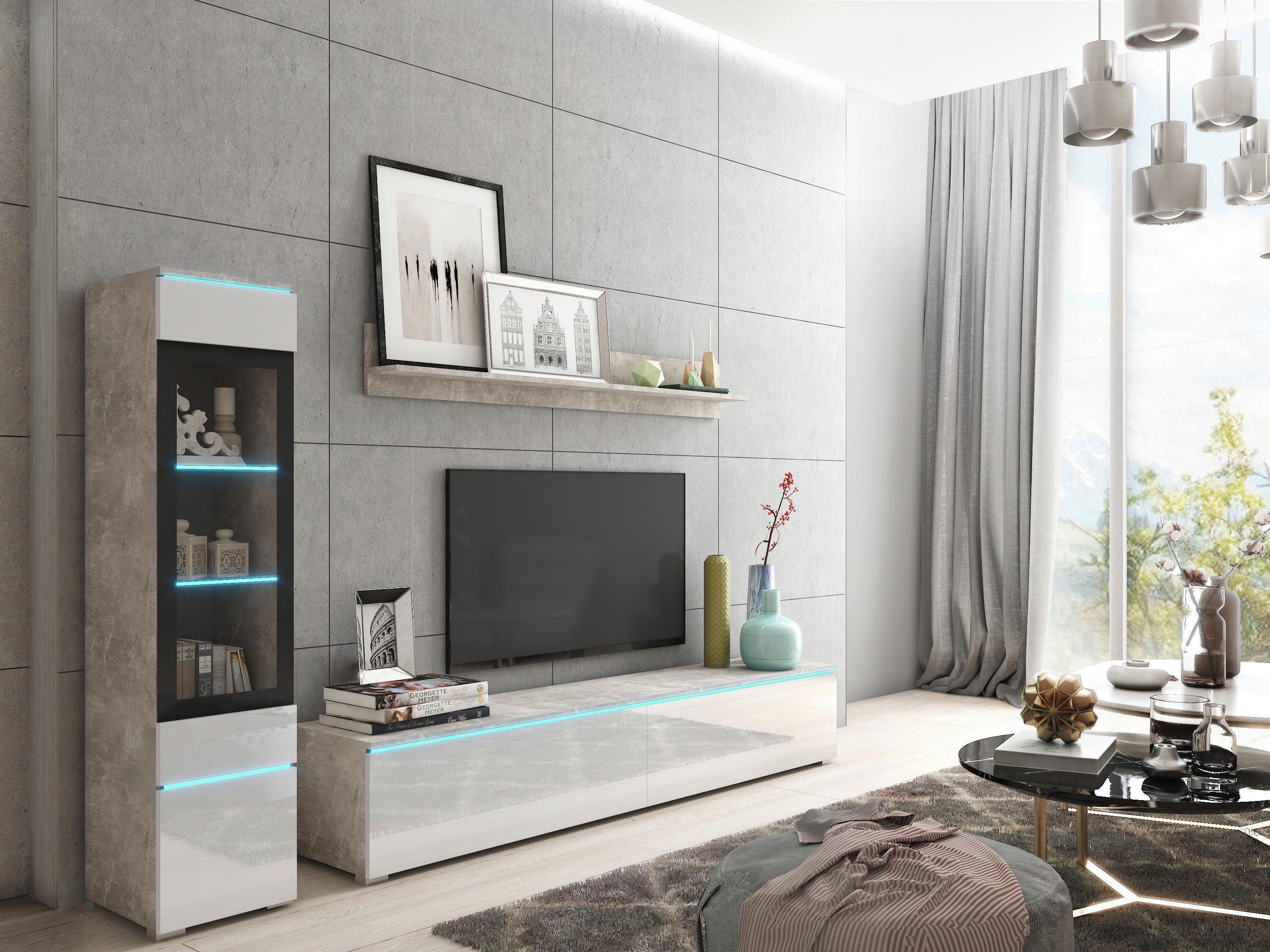 WOHNWAND VERA | BETONOPTIK/WEISS HG. - Weiß Hochglanz/Grau, LIFESTYLE, Glas/Holzwerkstoff (210/130/33cm) - P & B