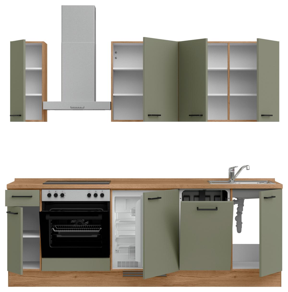 Küchenblock Senso Low m. Geräten Olivgrün - Eichefarben/Schwarz, MODERN, Holzwerkstoff/Metall (240cm) - Nobilia