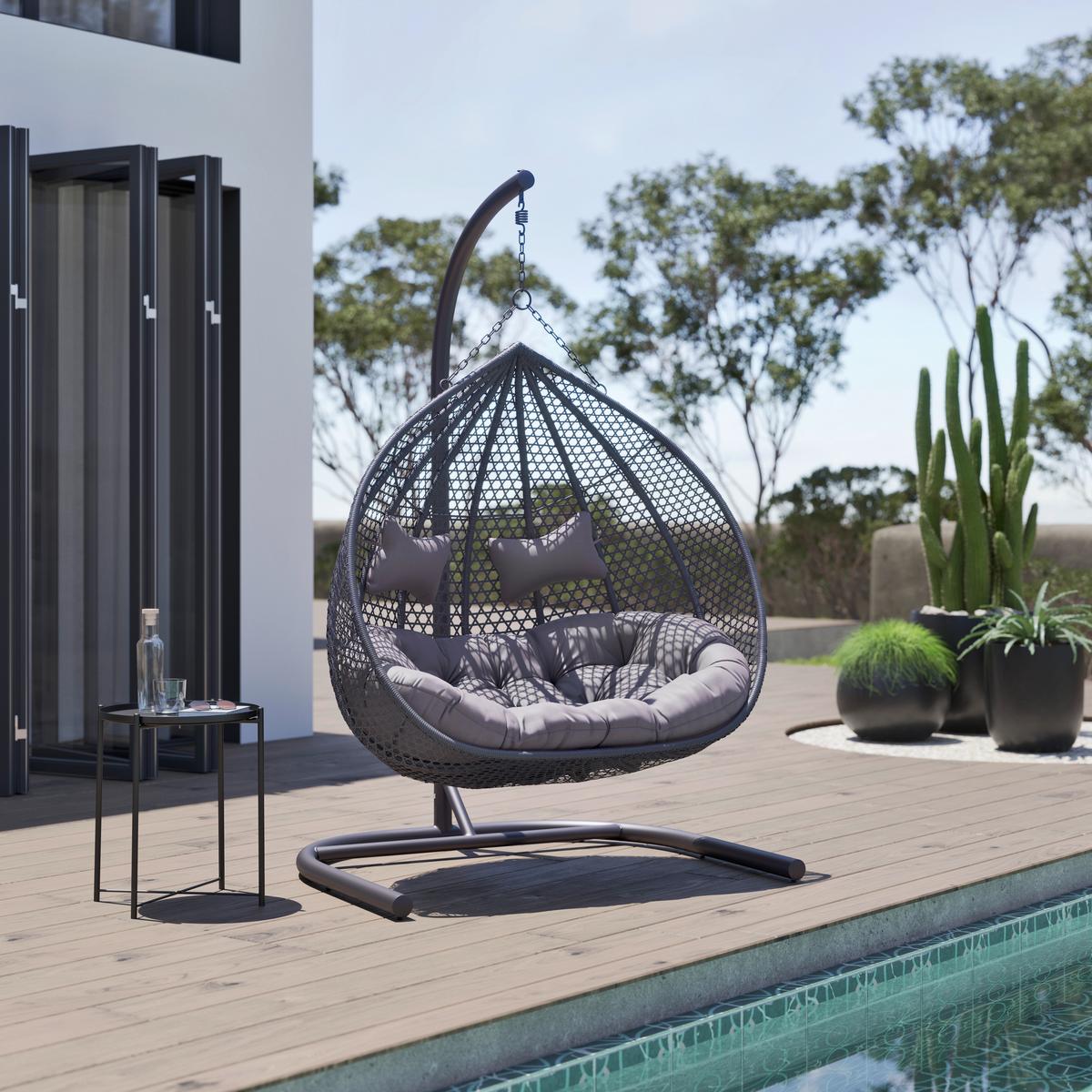 Hängesessel BARI Dunkelgrau, Kissen Grau - Dunkelgrau/Grau, Modern, Kunststoff/Textil (130/201/116cm) - Bessagi Garden