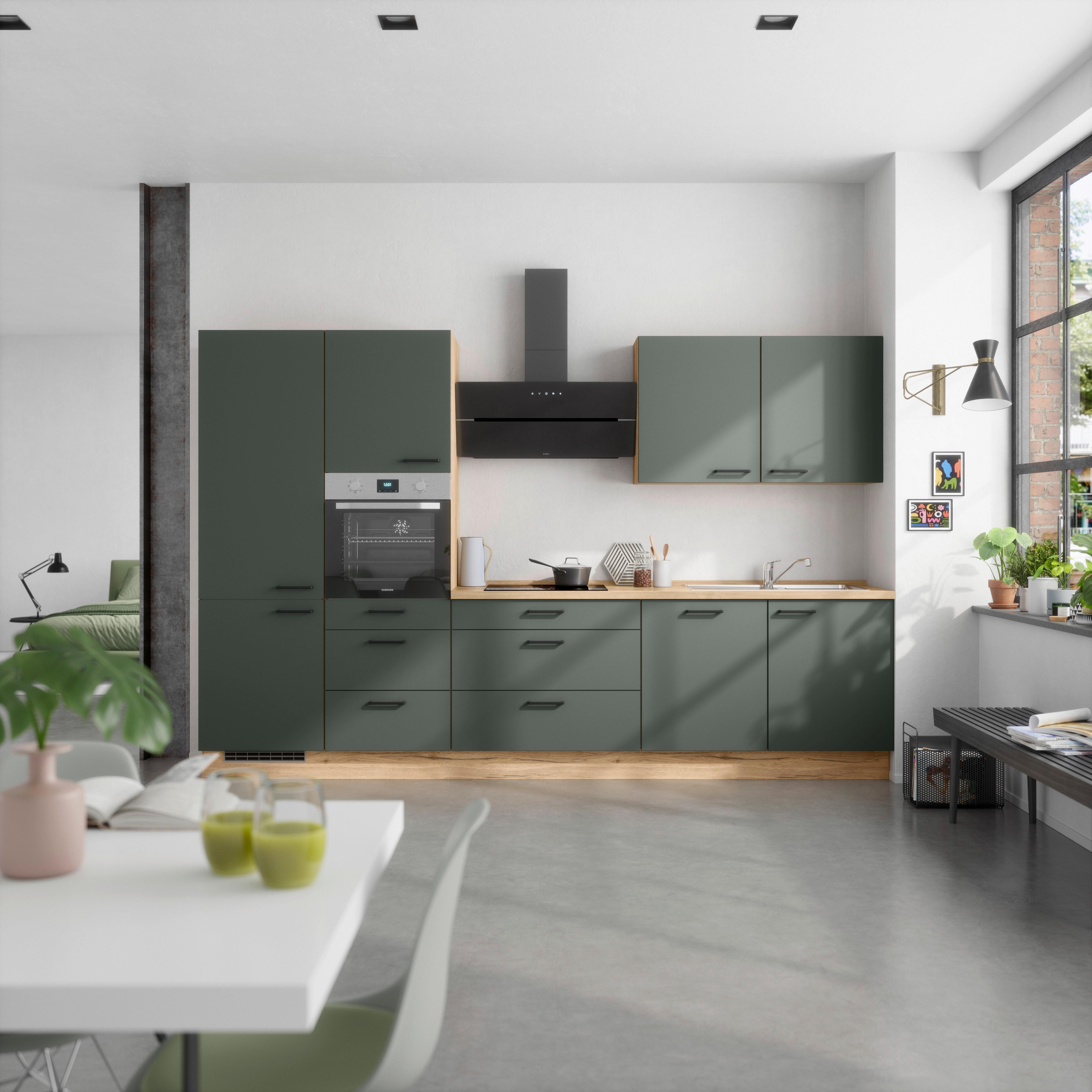 Küchenblock Easytouch High m. Geräten Dunkelgrün - Dunkelgrün/Eichefarben, MODERN, Holzwerkstoff/Metall (330cm) - Nobilia