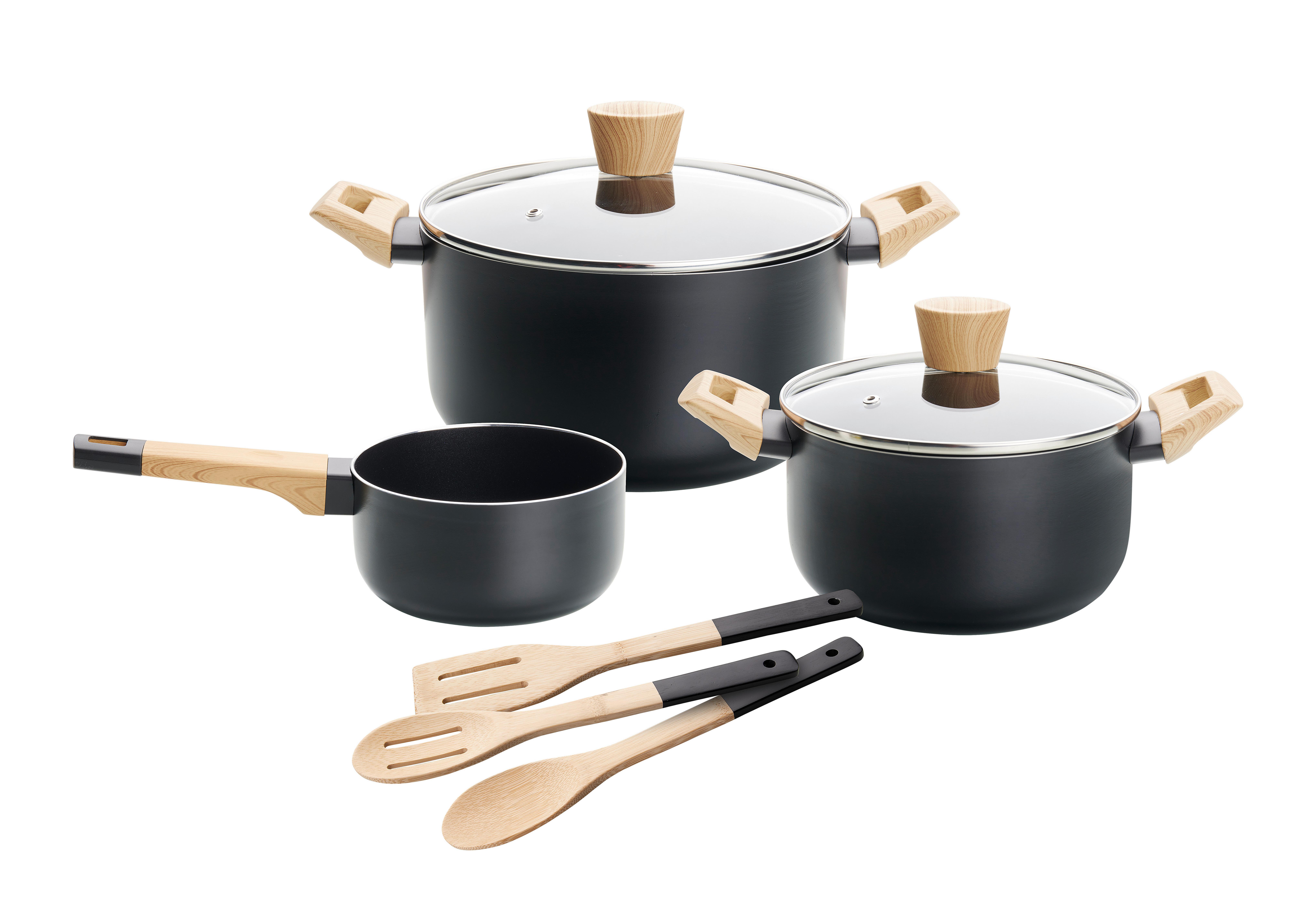 Kochtopfset in Schwarz, 8-teilig - Klar/Edelstahlfarben, Modern, Glas/Holz - Premium Living