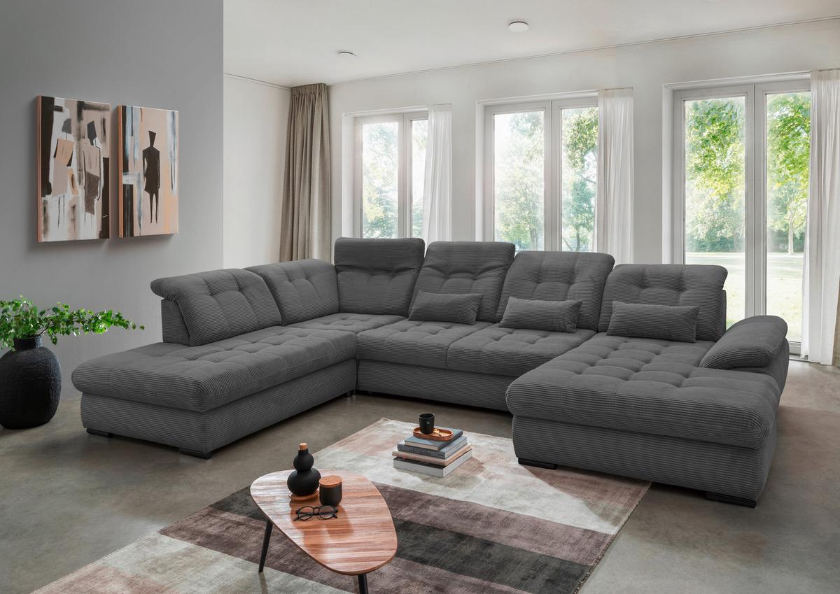 Wohnlandschaft Rigatti Grau Cord mit Bettkasten - Schwarz/Grau, MODERN, Textil/Metall (252/387/184cm) - Livetastic