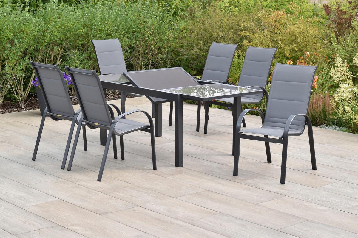 Gartentischgruppe Amalfi 7-tlg. Graphitfarben - Graphitfarben/Braun, KONVENTIONELL, Glas/Textil - Gardenson