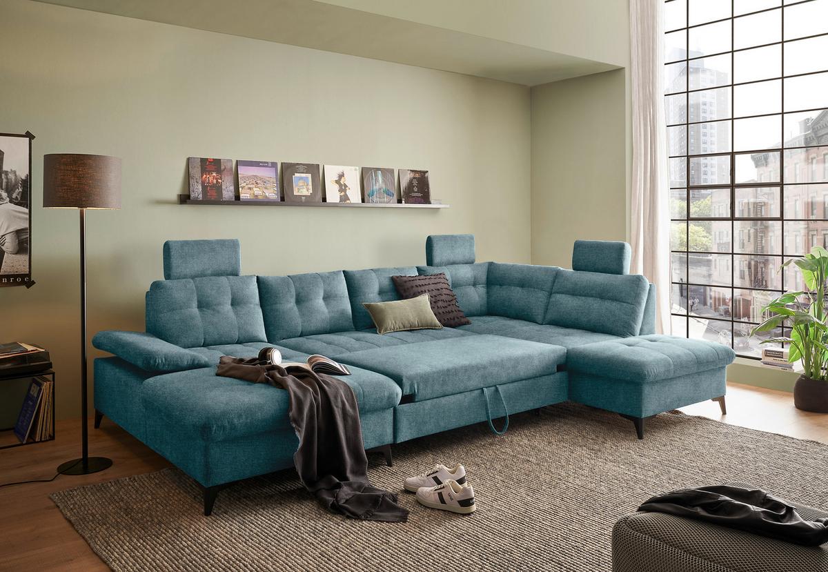 Wohnlandschaft Durban U ca. 170x324x218 cm Eisblau - Blau/Schwarz, KONVENTIONELL, Kunststoff/Textil (170/324/218cm) - MID.YOU