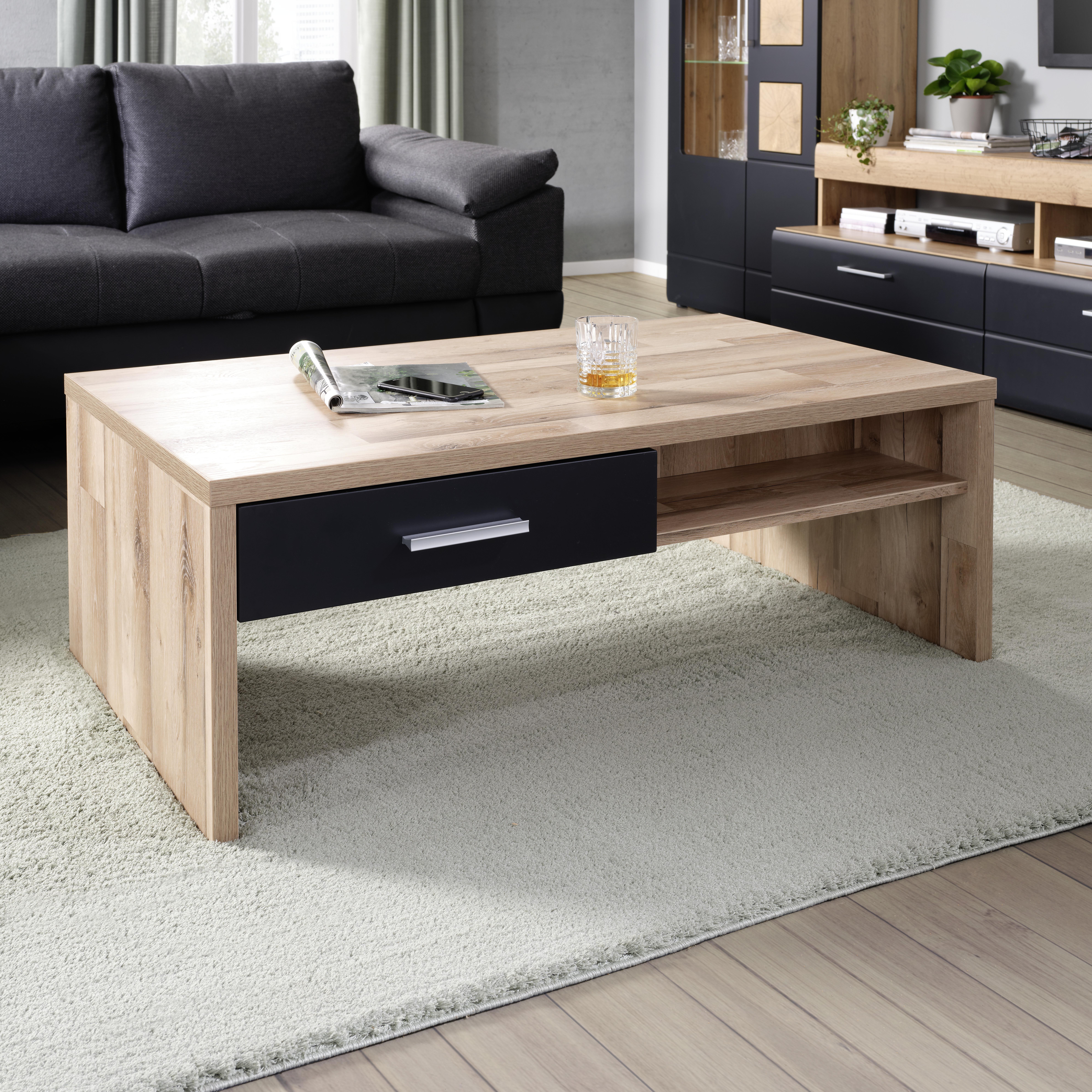 Couchtisch Sonate Eichefarben/ Schwarz mit Schublade - Chromfarben/Eichefarben, MODERN, Holzwerkstoff/Metall (110/40/64cm) - Mömax