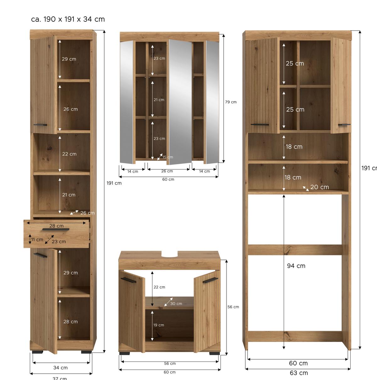 Badezimmer Scout Eiche Artisan 4-teilig - Schwarz/Eiche Artisan, Trend, Glas/Holzwerkstoff (160cm) - MID.YOU